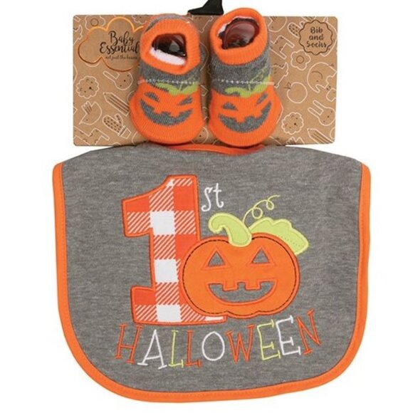 Baby Essentials Boys Girls 1st Halloween Bib & Socks Set Pumpkins Feeding NWT - Picture 1 of 1